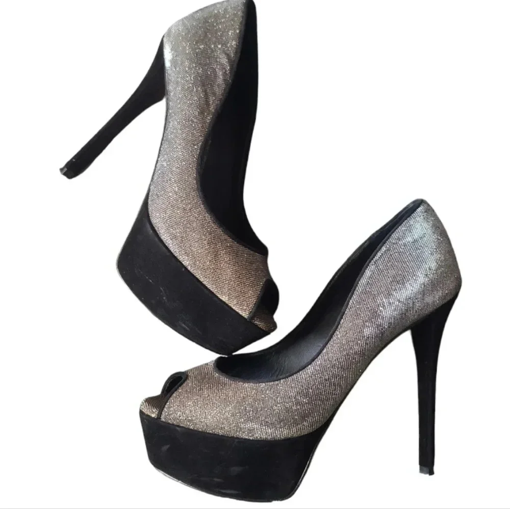 Brian Atwood | Metallic Peep Toe Platform Heels Sz 8.5